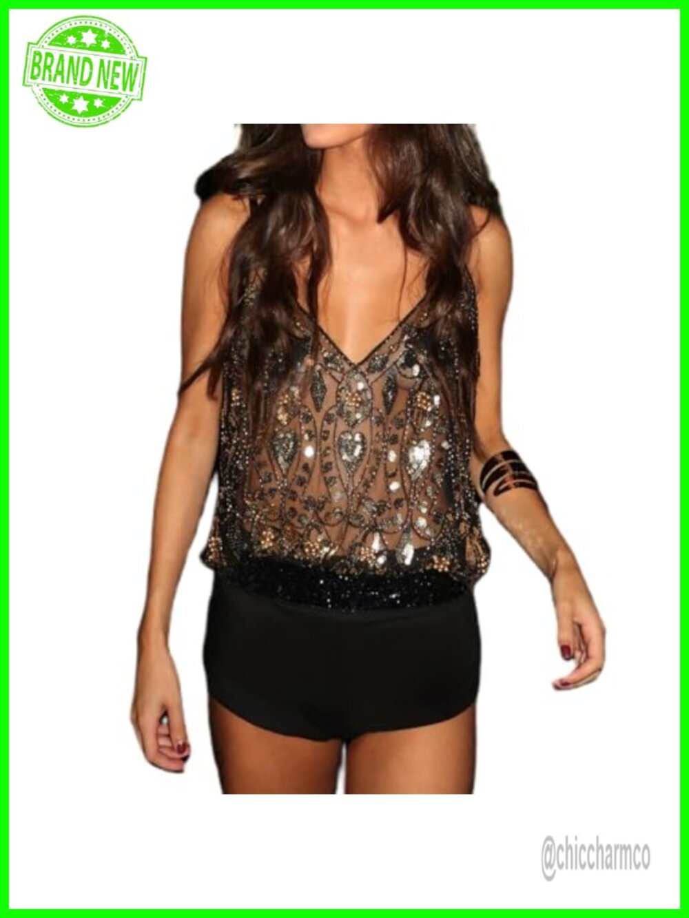 Sequin Sparkly Cami Top Spaghetti Strap Rhinestone Mesh Party Tank